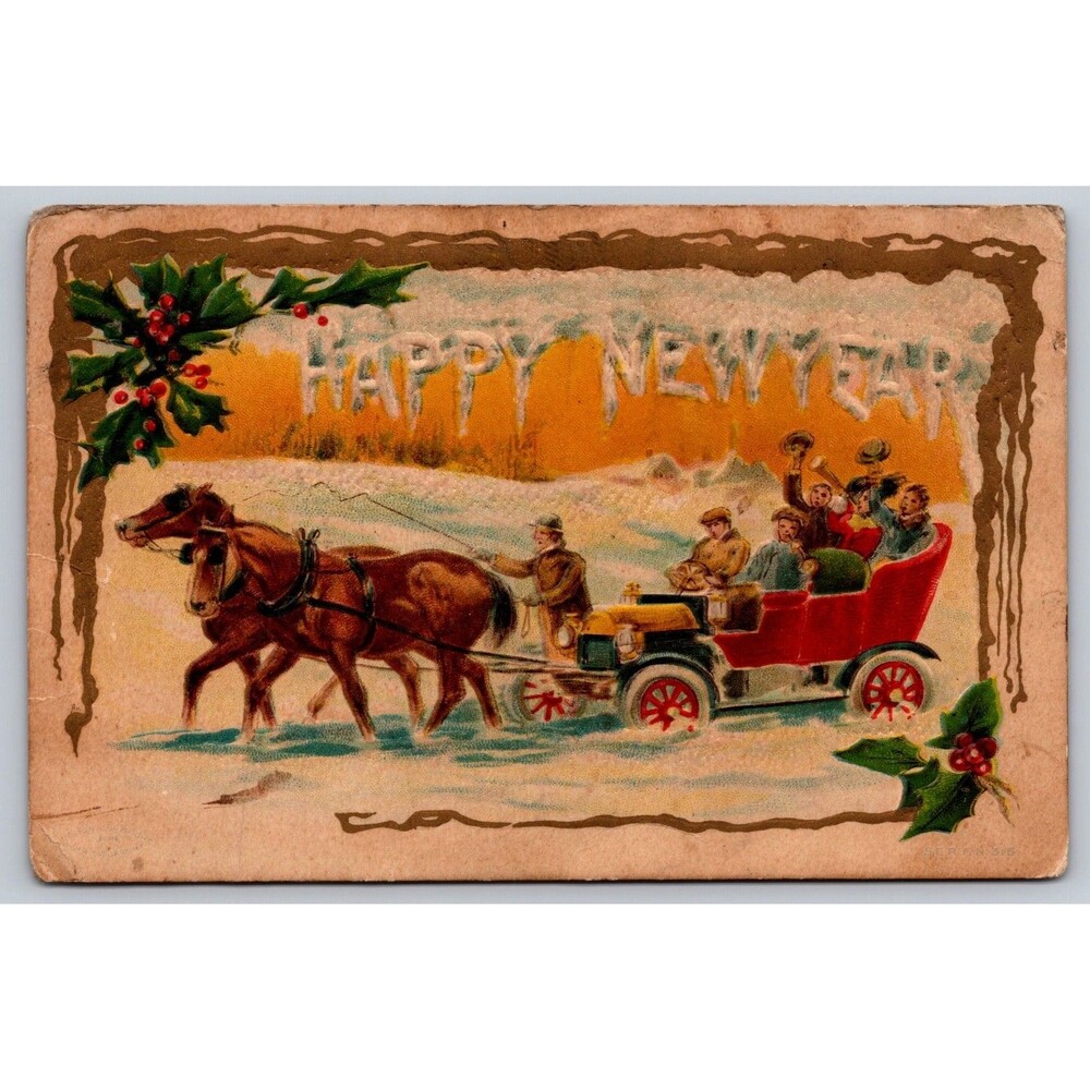 Postcard Happy New Year Horses Pulling Motor Car Snow Embossed Posted c1910s MO